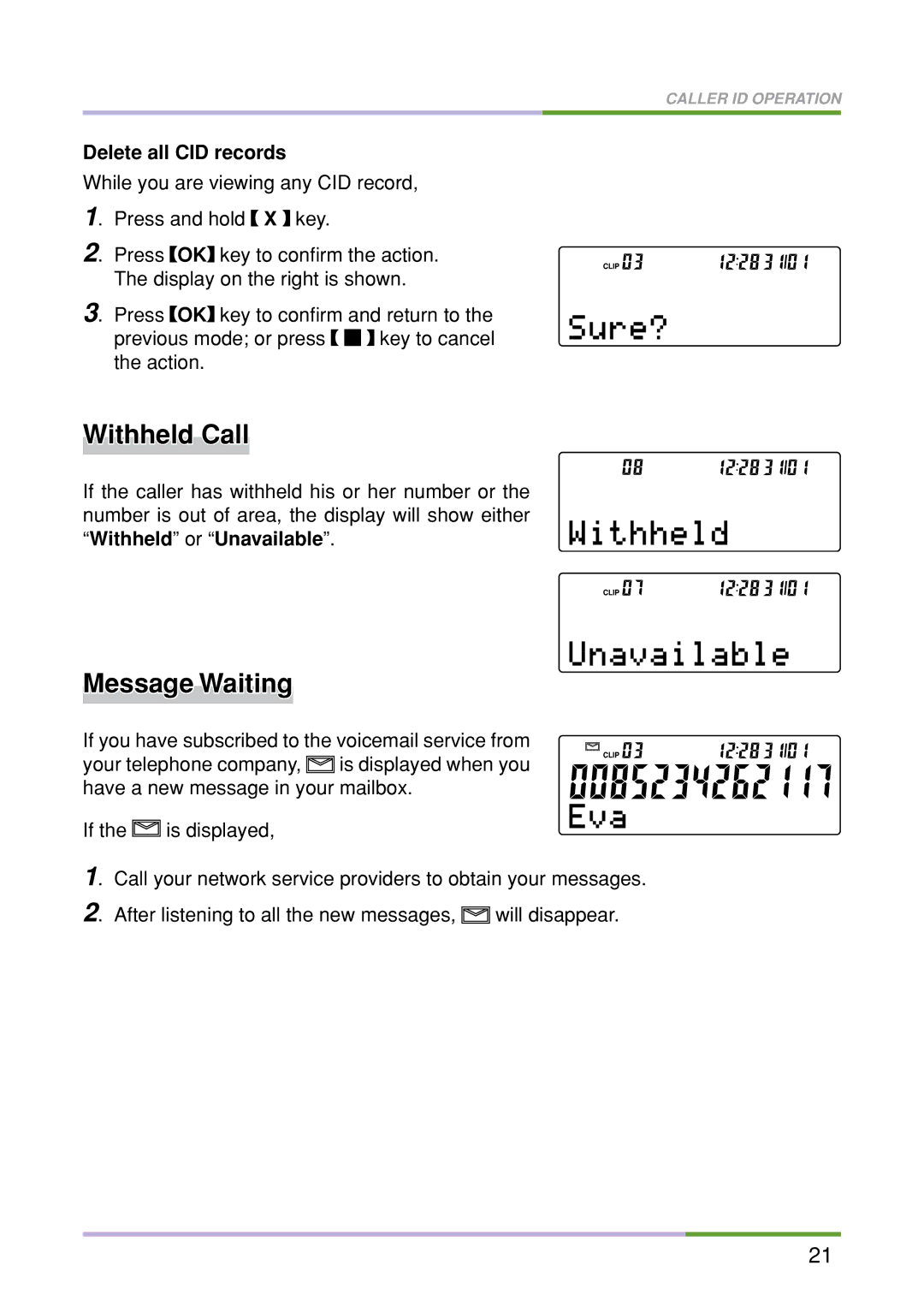 Oricom M5500 Series manual Withheld Call, Message Waiting, Delete all CID records 