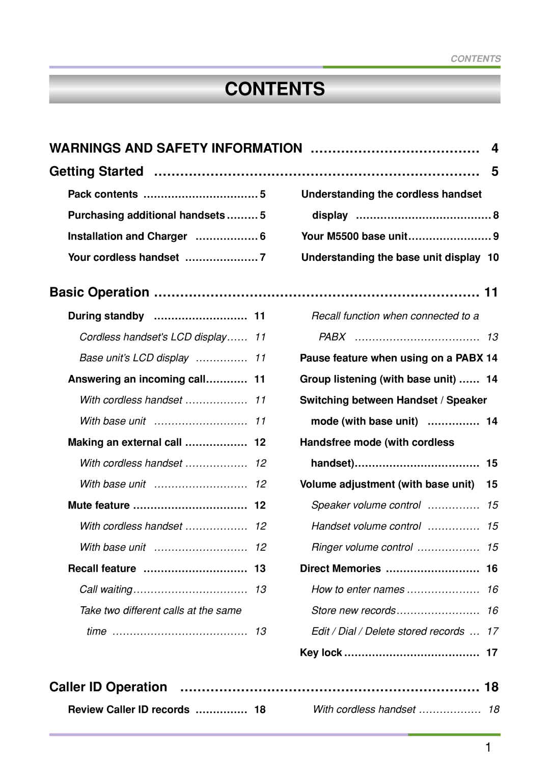 Oricom M5500 Series manual Contents 