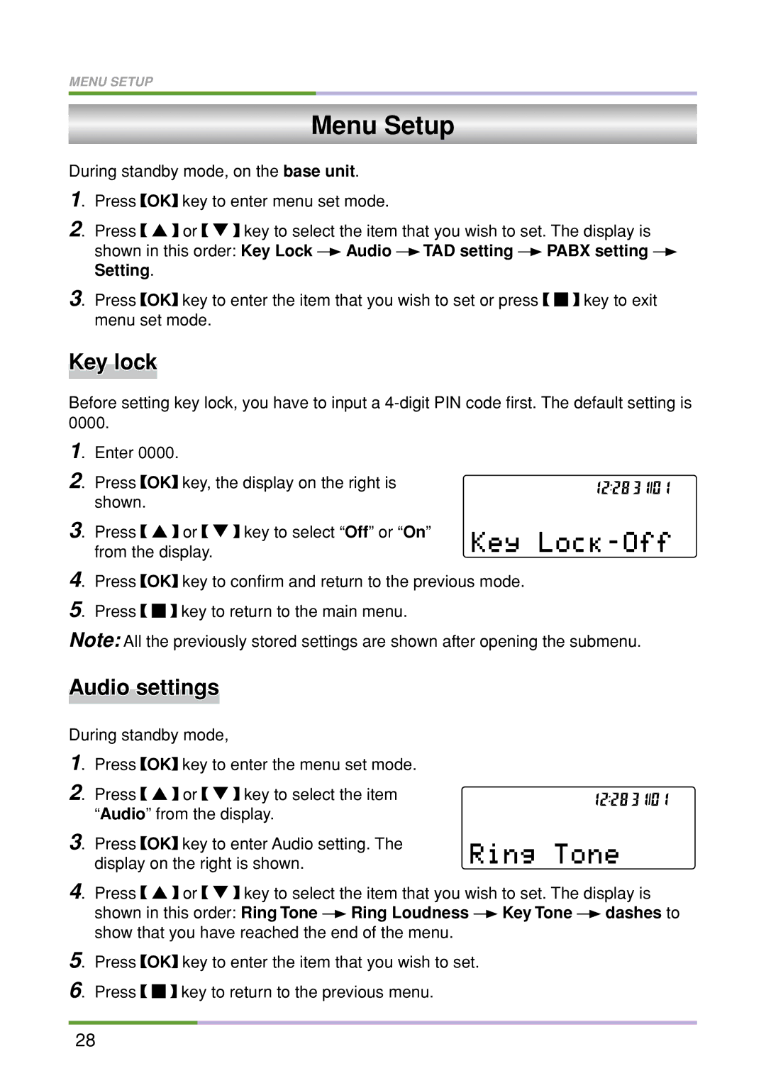 Oricom M5500 Series Menu Setup, Audio settings, Audio TAD setting Pabx setting Setting, Ring Loudness Key Tone Dashes to 