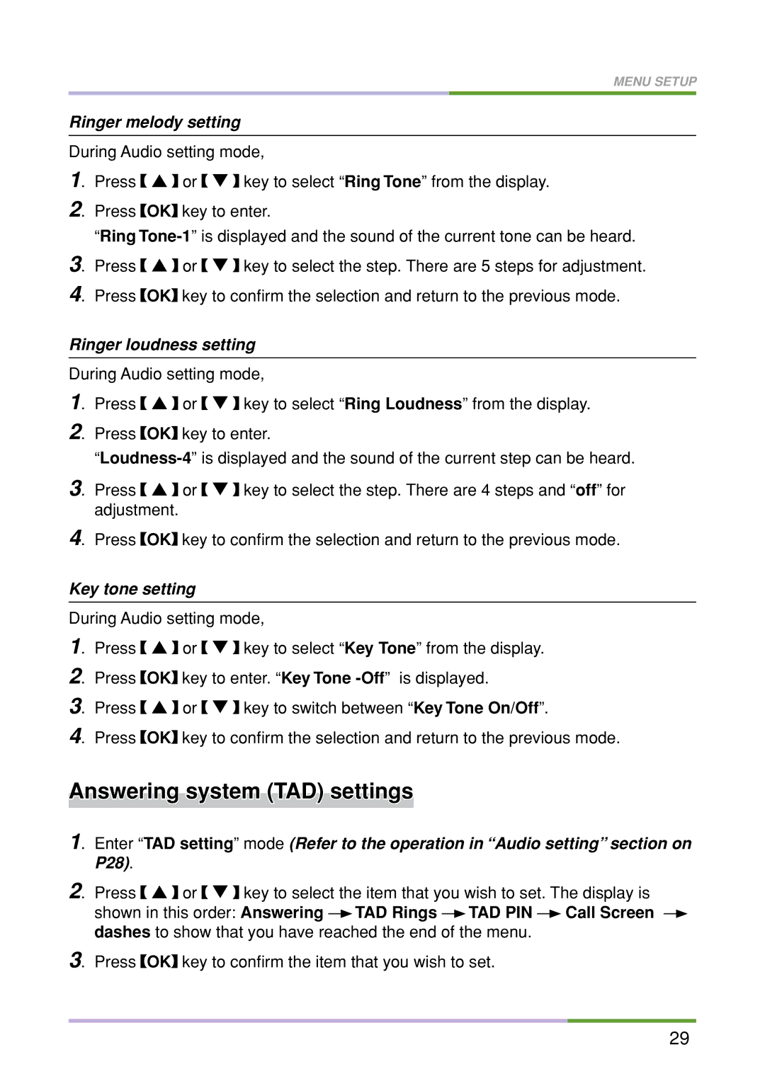 Oricom M5500 Series manual Answering system TAD settings, Ringer melody setting, Ringer loudness setting, Key tone setting 