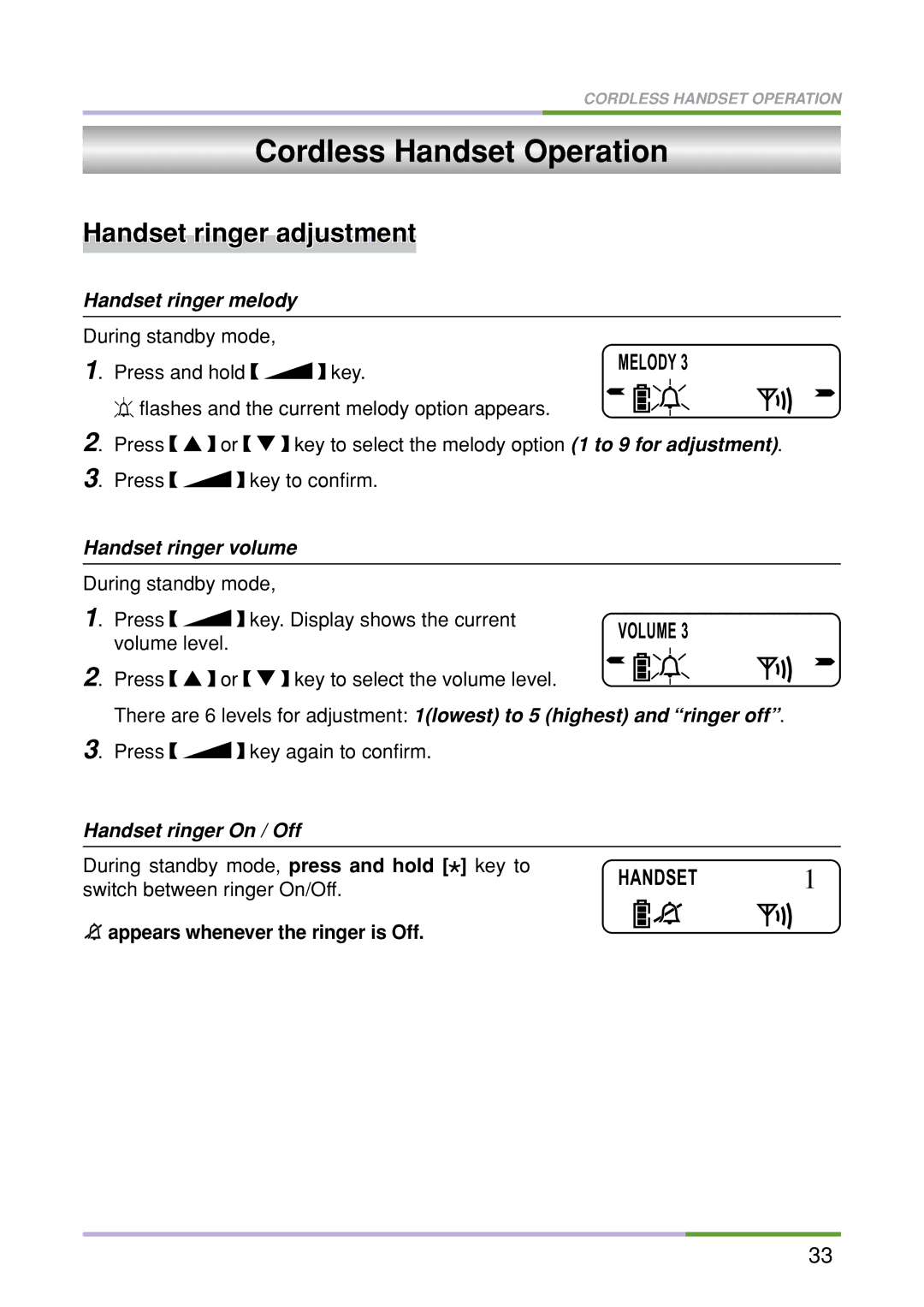 Oricom M5500 Series Cordless Handset Operation, Handset ringer adjustment, Handset ringer melody, Handset ringer volume 