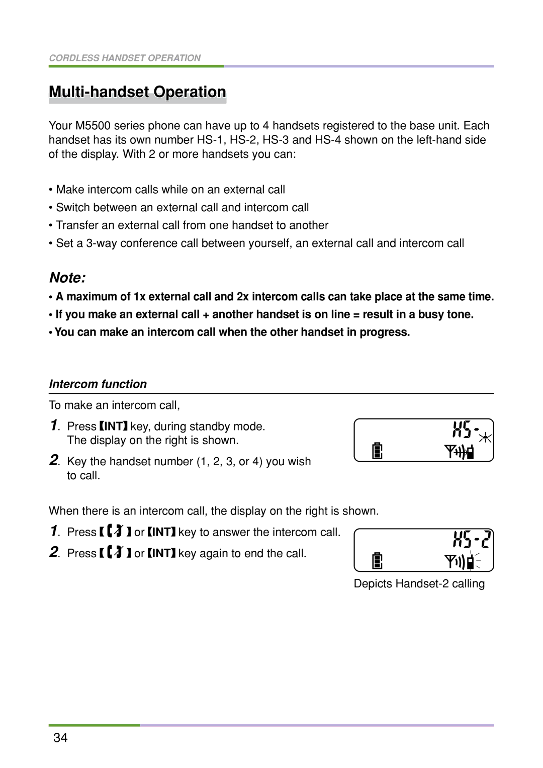 Oricom M5500 Series manual Multi-handset Operation, Intercom function 