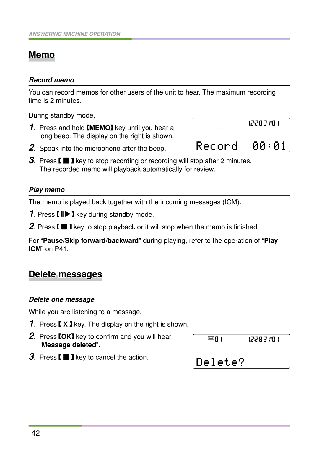 Oricom M5500 Series manual Memo, Delete messages, Record memo, Play memo, Delete one message 