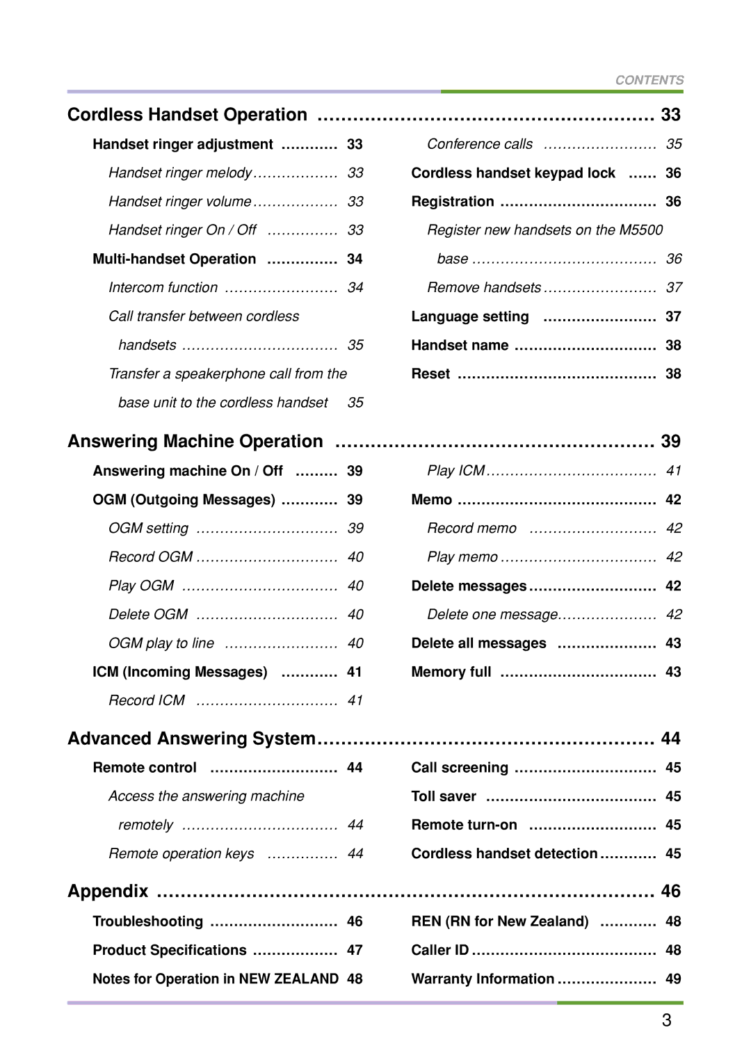 Oricom M5500 Series manual Cordless Handset Operation ………………………………………………… 