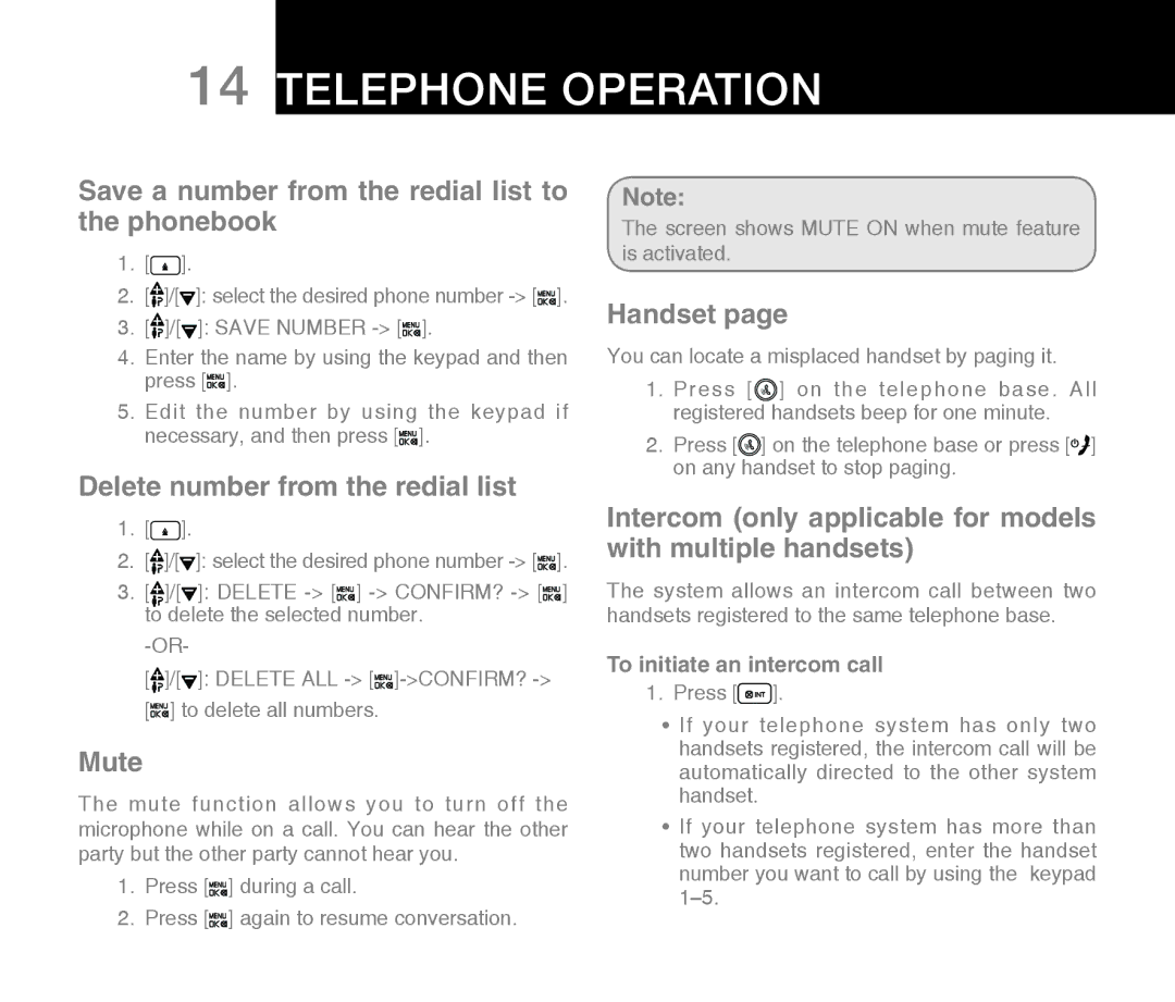 Oricom M800 warranty Save a number from the redial list to the phonebook, Delete number from the redial list, Mute, Handset 