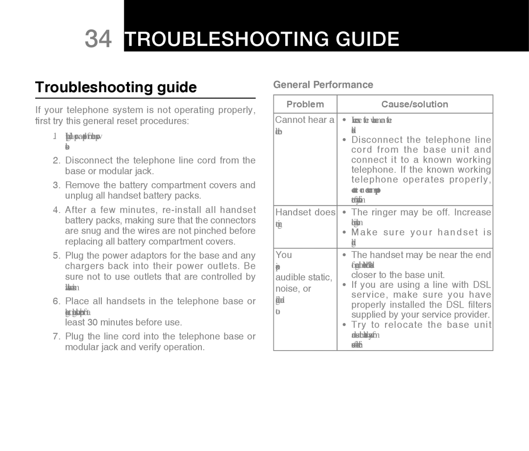 Oricom M800 warranty Troubleshooting guide, General Performance 