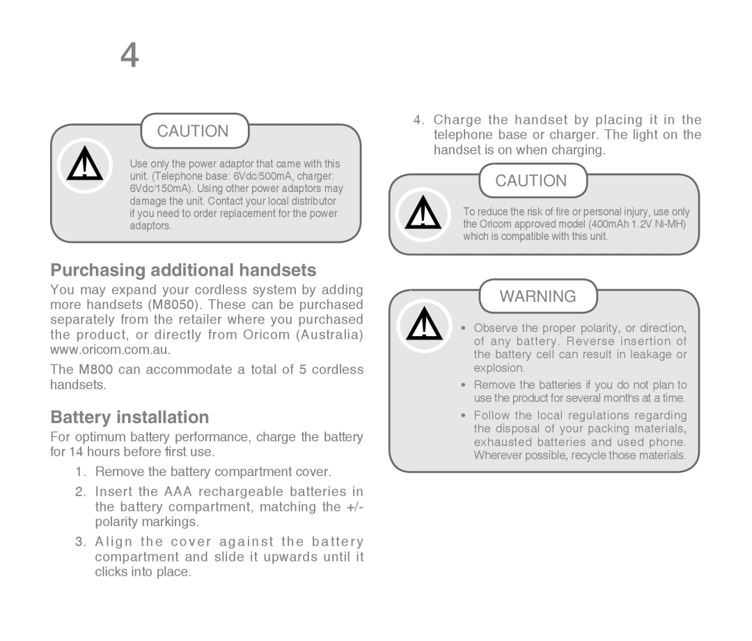 Oricom M800 warranty Purchasing additional handsets, Battery installation 