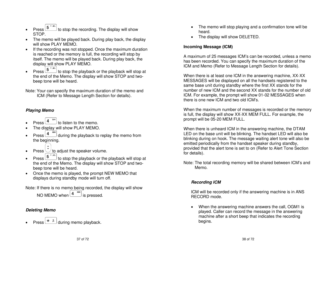 Oricom MI40 manual Playing Memo, Deleting Memo, Incoming Message ICM, Recording ICM 