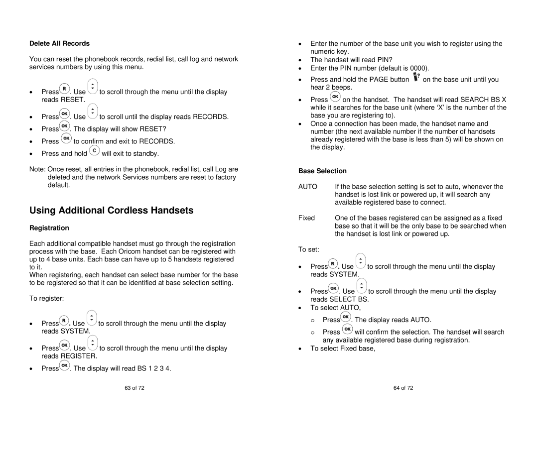 Oricom MI40 manual Using Additional Cordless Handsets, Delete All Records, Registration, Base Selection, Auto 