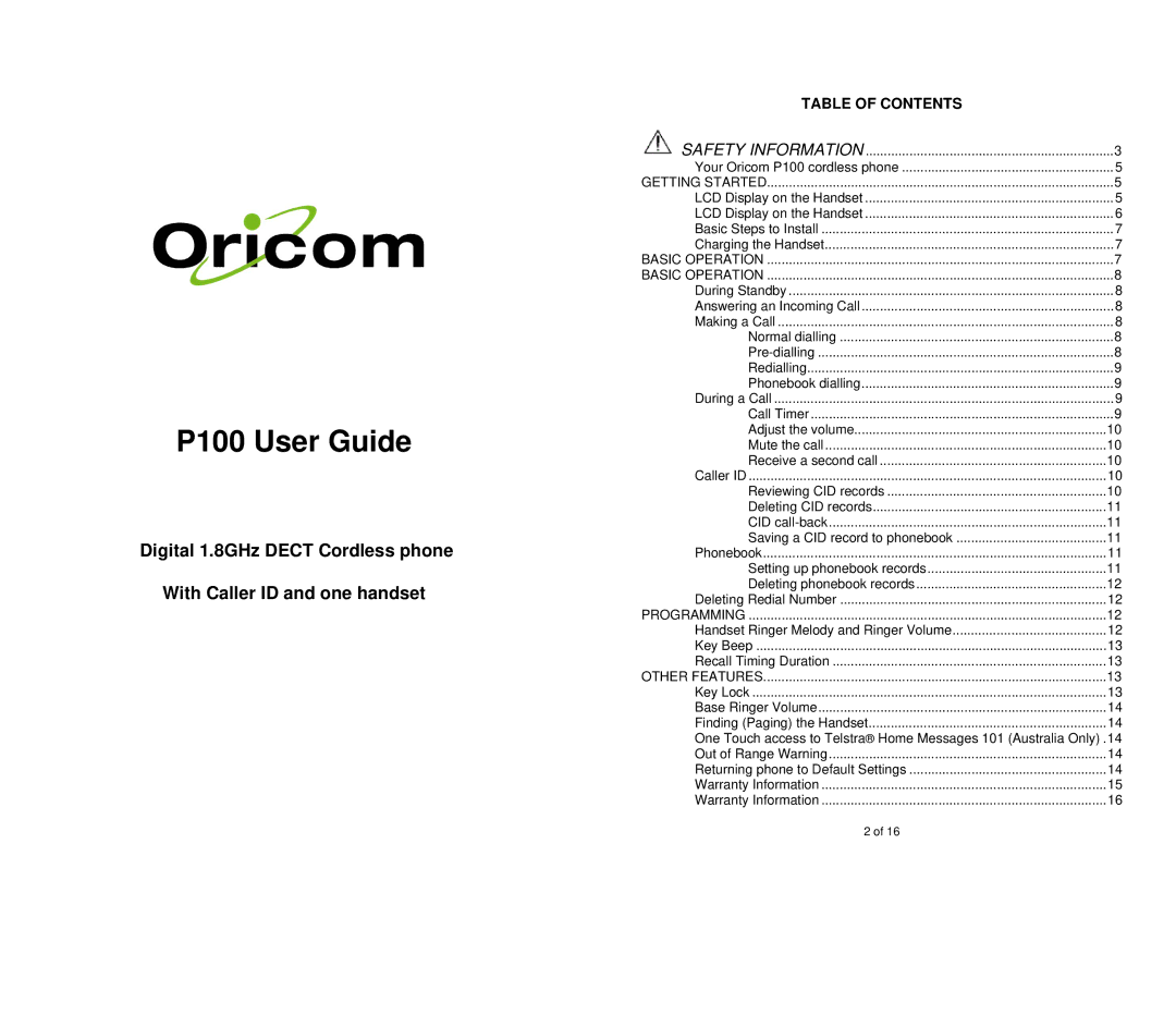 Oricom warranty P100 User Guide, Table of Contents 