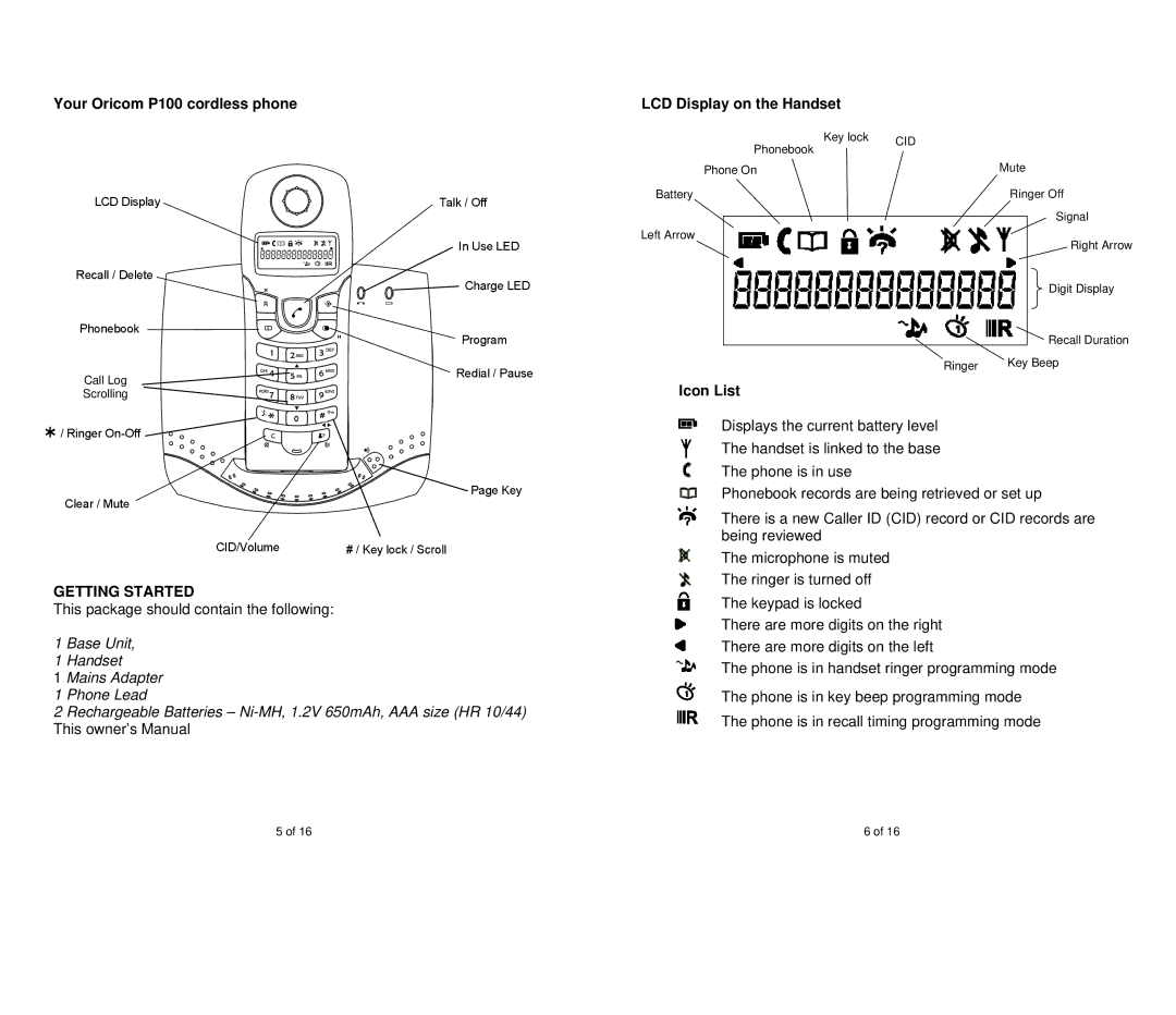 Oricom warranty Your Oricom P100 cordless phone, Getting Started, LCD Display on the Handset, Icon List, Cid 