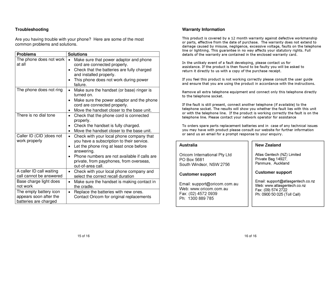 Oricom P100 warranty Troubleshooting, Problems Solutions, Warranty Information, Australia, Customer support, New Zealand 