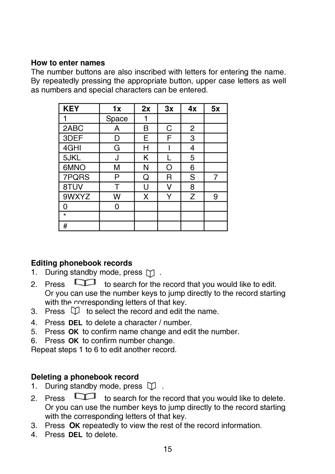 Oricom P700 manual How to enter names, Editing phonebook records, Deleting a phonebook record 