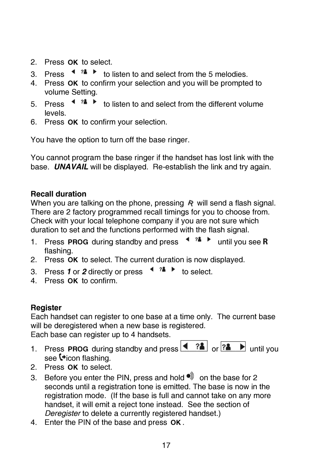 Oricom P700 manual Recall duration, Register 