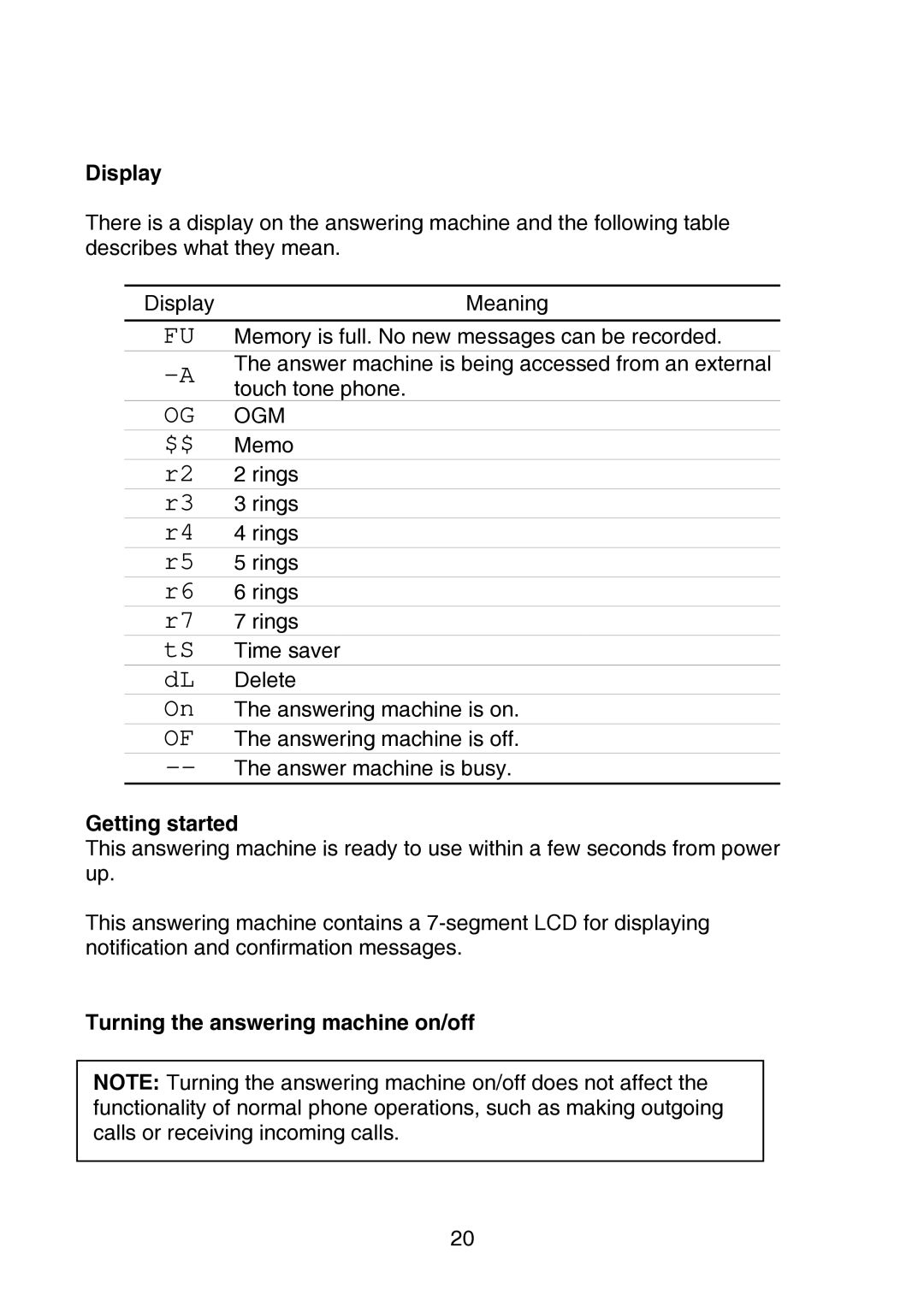 Oricom P700 manual Display, Getting started, Turning the answering machine on/off 