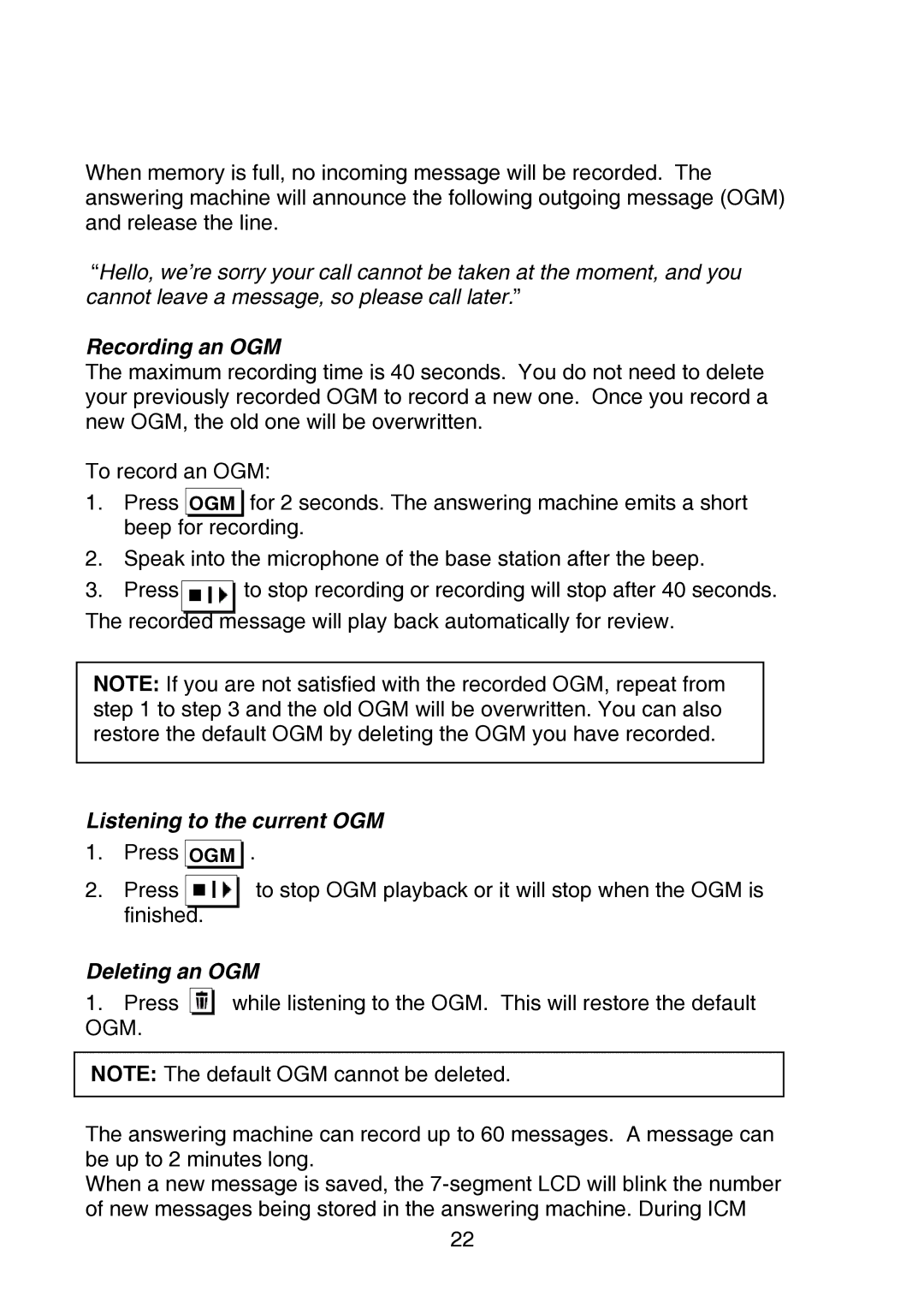 Oricom P700 manual Recording an OGM, Listening to the current OGM, Deleting an OGM 