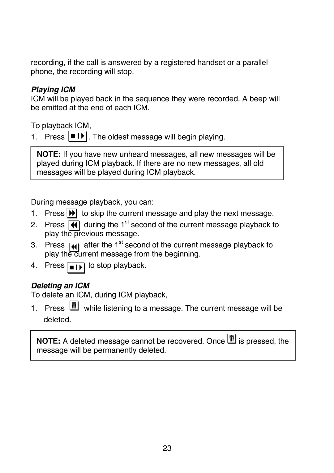 Oricom P700 manual Playing ICM, Deleting an ICM 