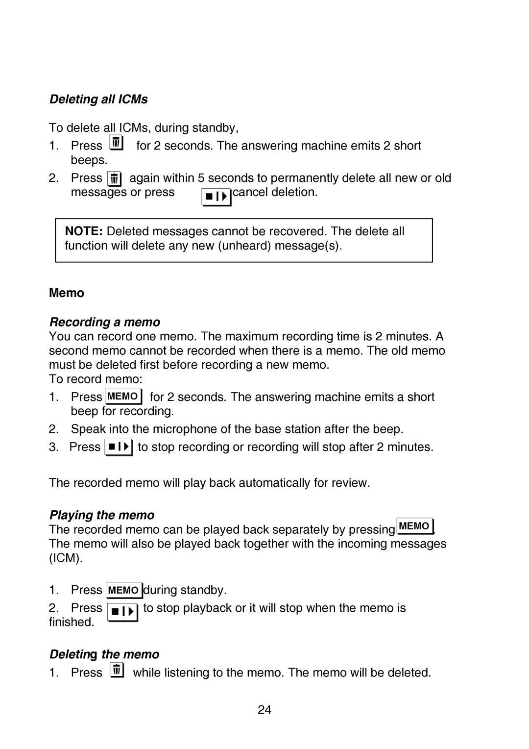 Oricom P700 manual Deleting all ICMs, Memo, Recording a memo, Playing the memo, Deleting the memo 