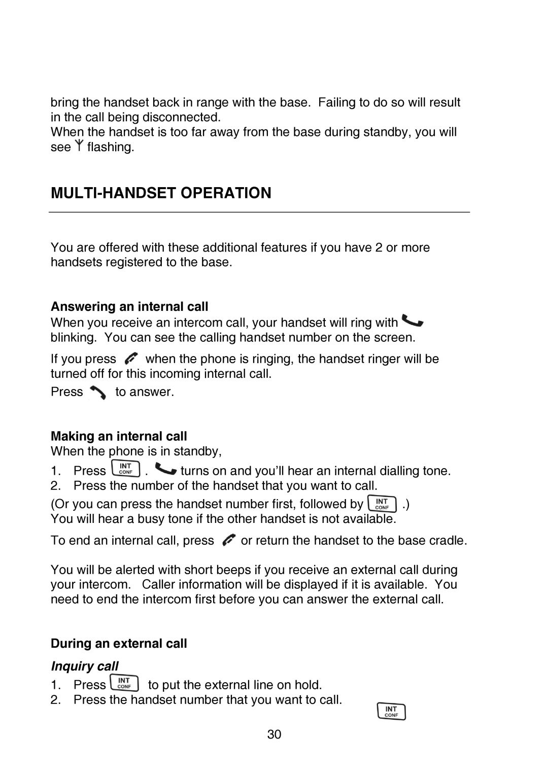 Oricom P700 manual MULTI-HANDSET Operation, Answering an internal call, Making an internal call, Inquiry call 