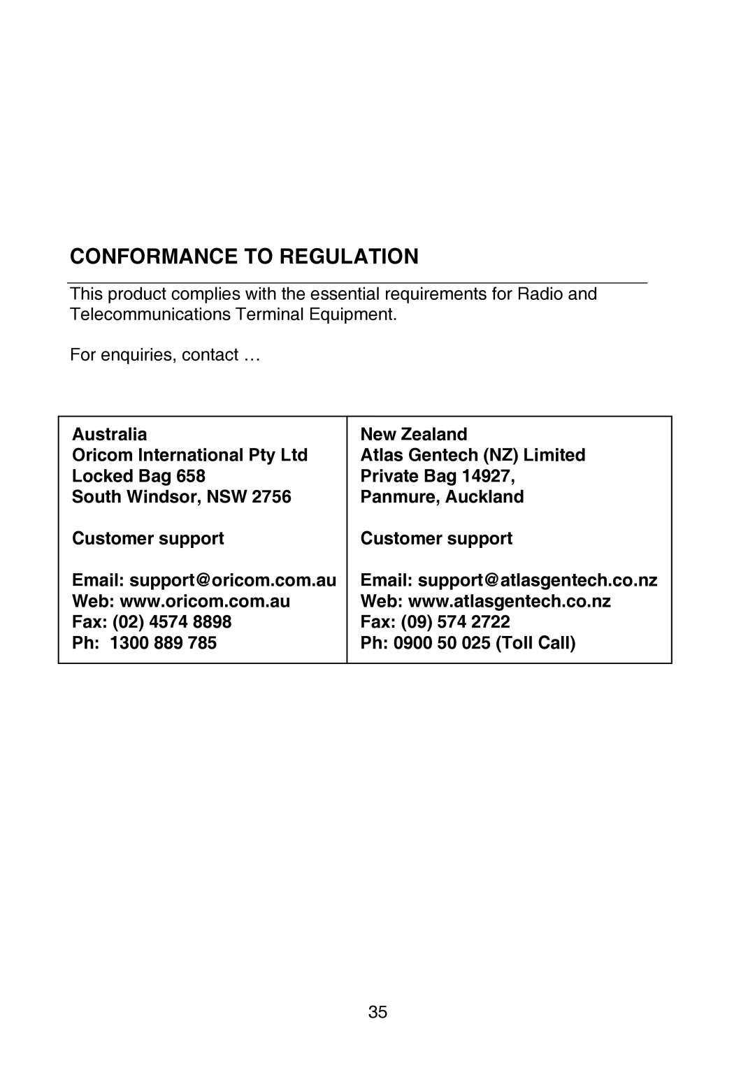 Oricom P700 manual Conformance to Regulation 