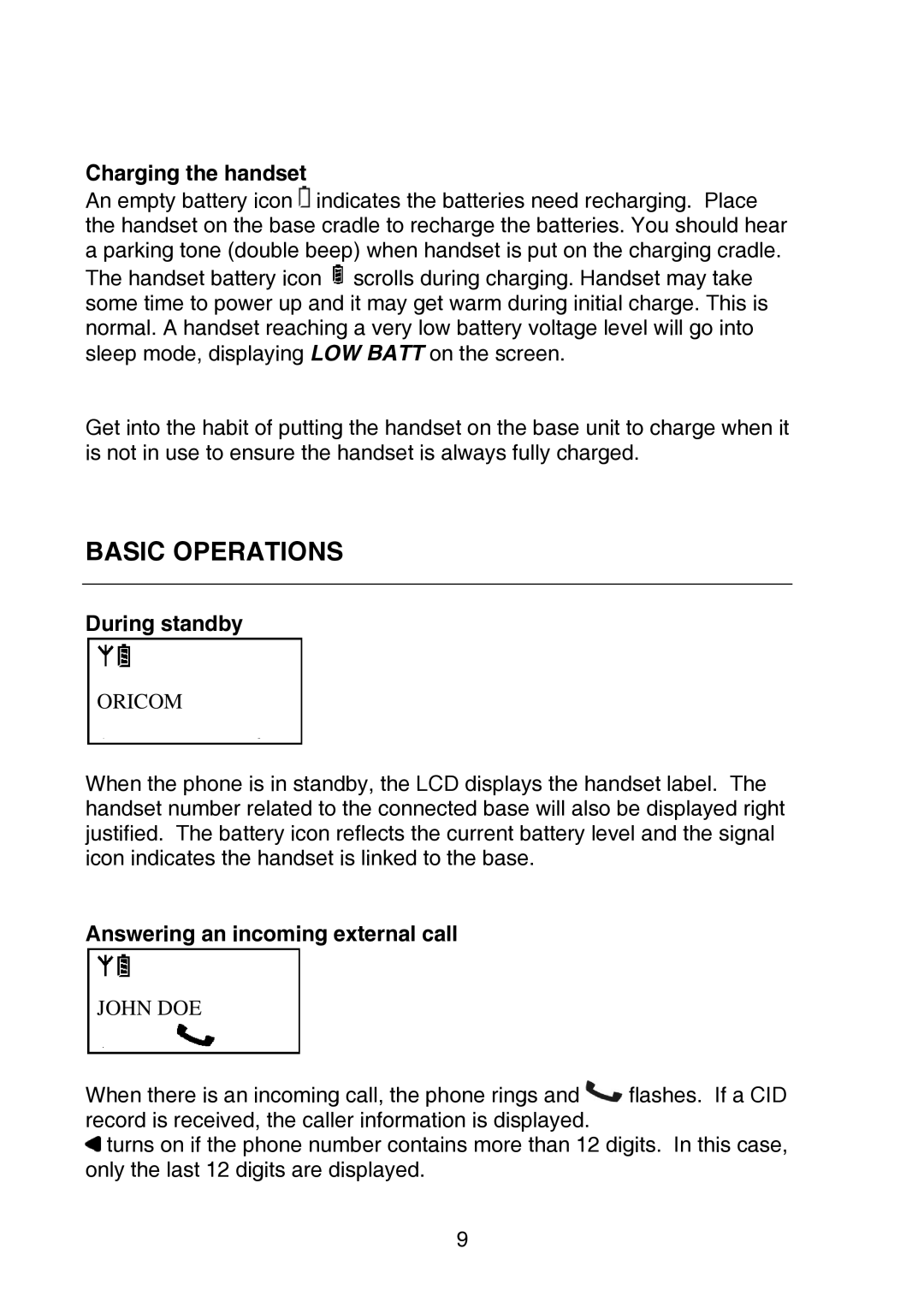 Oricom P700 manual Basic Operations, Charging the handset, During standby, Answering an incoming external call 