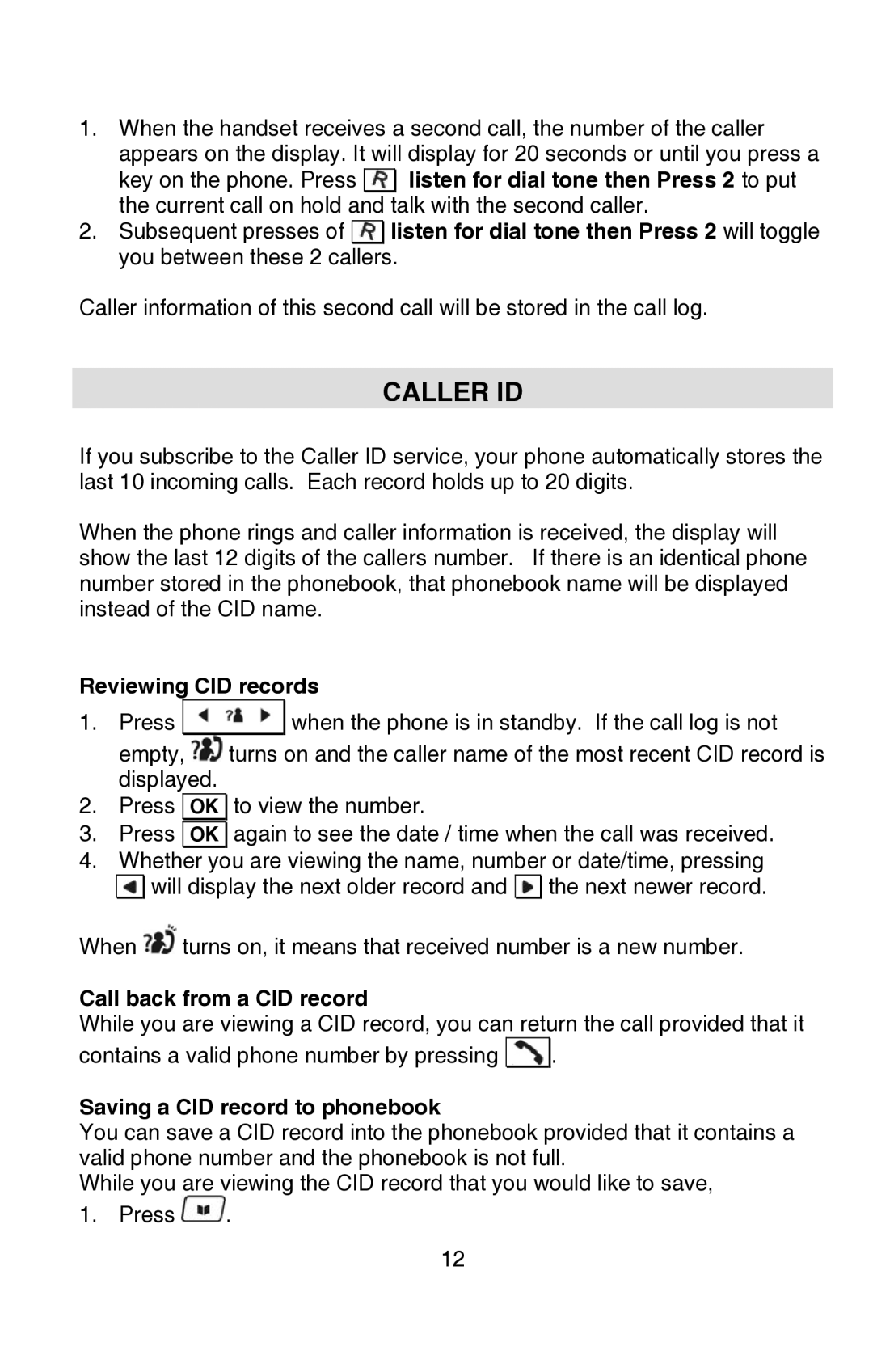 Oricom P80 manual Caller ID, Reviewing CID records, Call back from a CID record, Saving a CID record to phonebook 