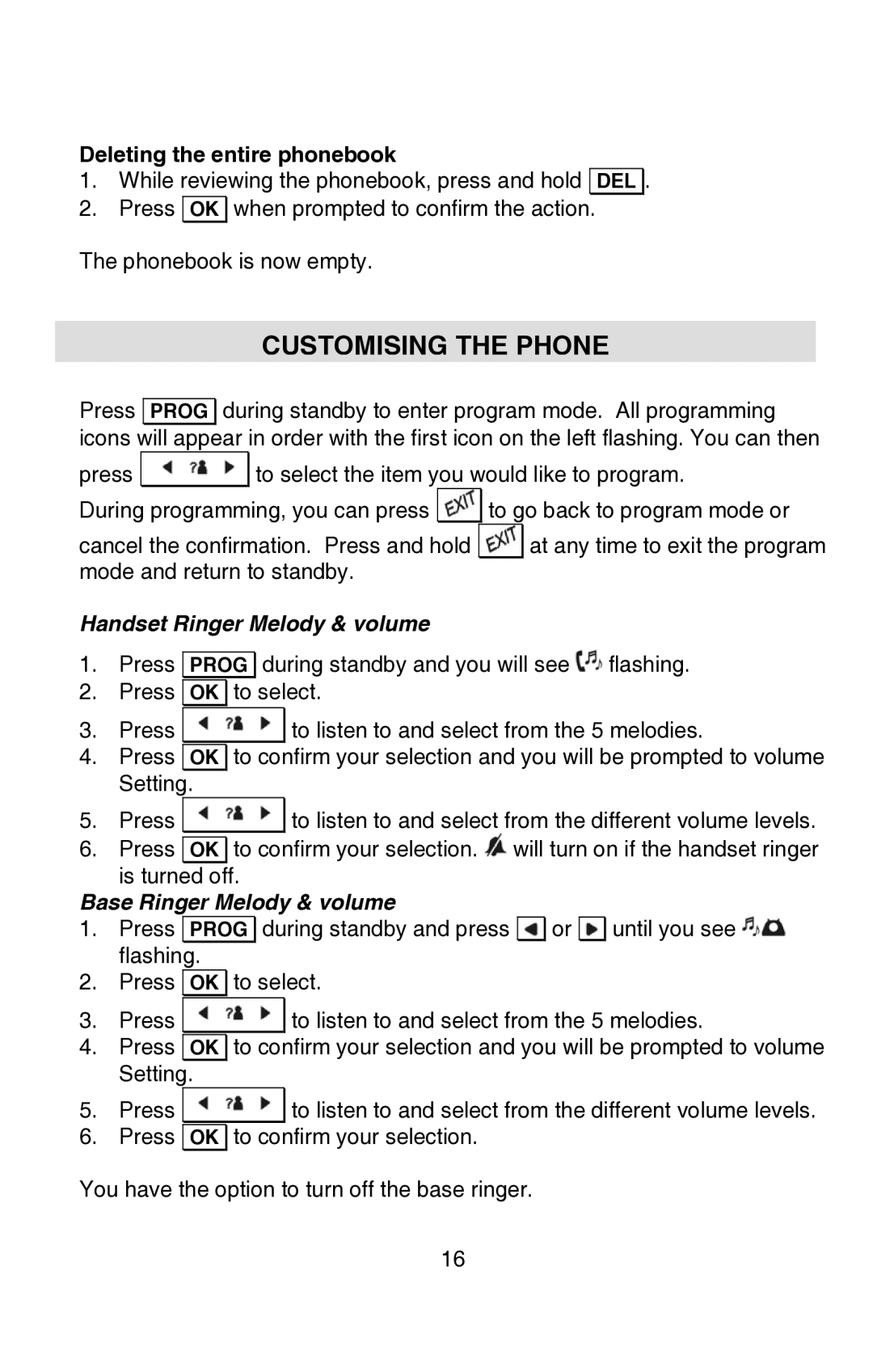 Oricom P80 manual Customising the Phone, Deleting the entire phonebook, Handset Ringer Melody & volume 