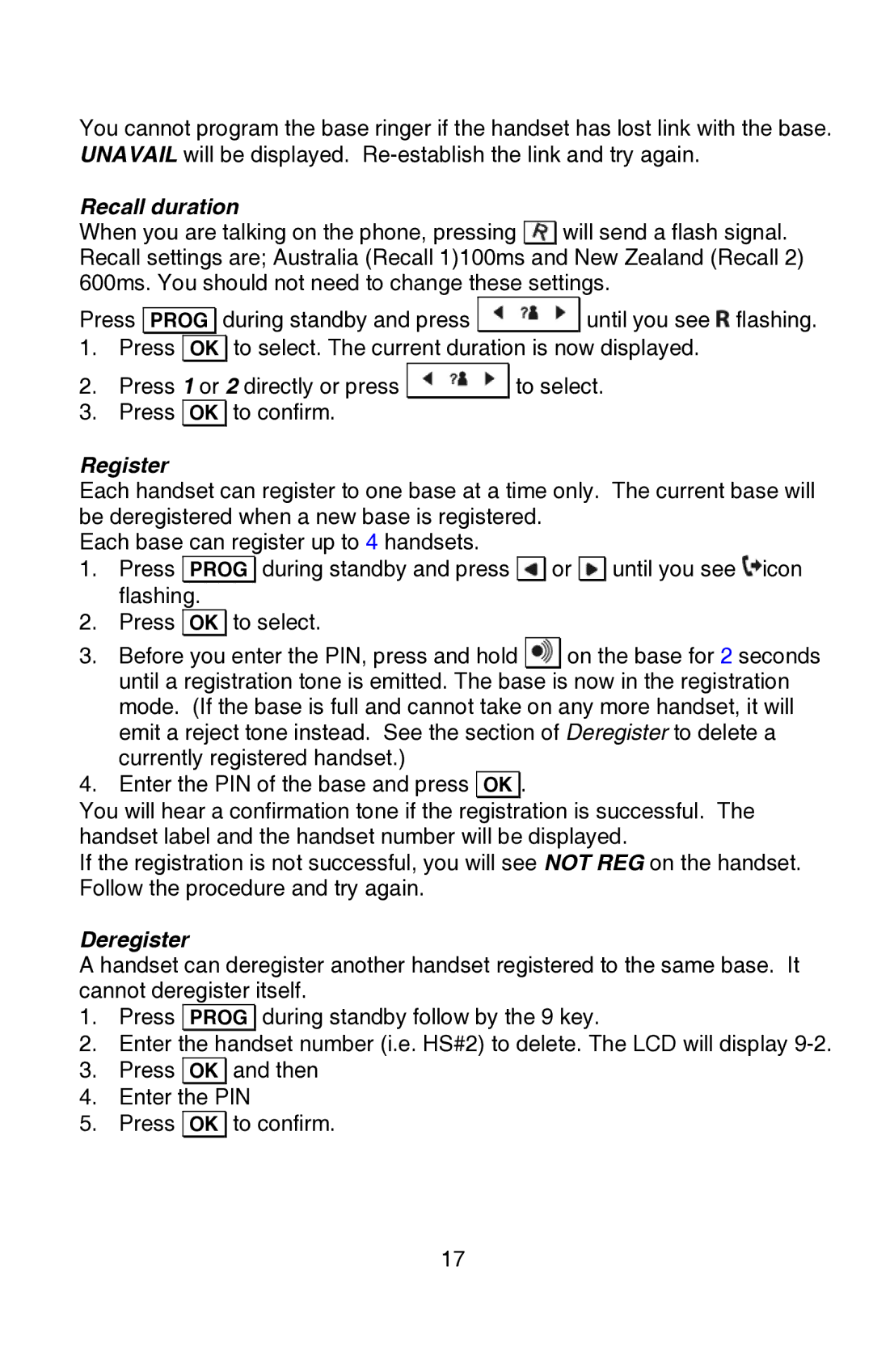 Oricom P80 manual Recall duration, Register, Deregister 