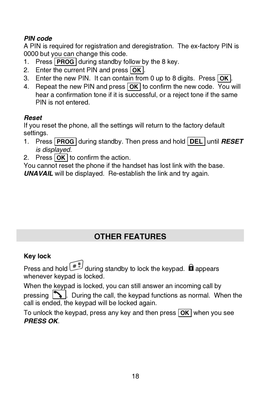 Oricom P80 manual Other Features, PIN code, Reset, Key lock 