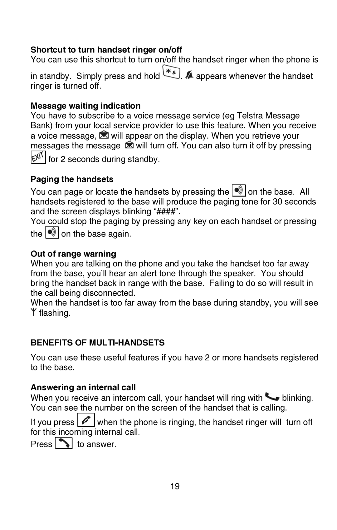 Oricom P80 Shortcut to turn handset ringer on/off, Message waiting indication, Paging the handsets, Out of range warning 