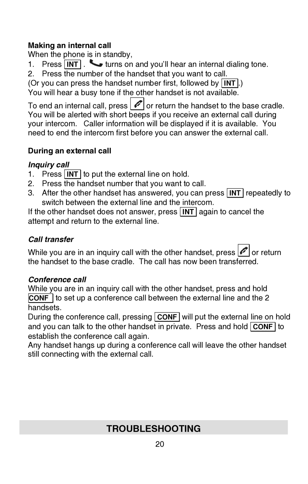 Oricom P80 manual Troubleshooting, Making an internal call, Inquiry call, Call transfer, Conference call 