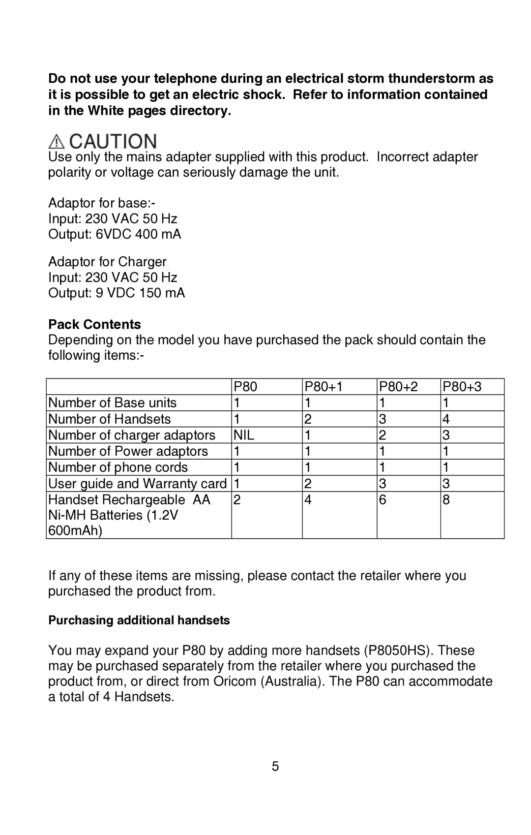 Oricom P80 manual Pack Contents 