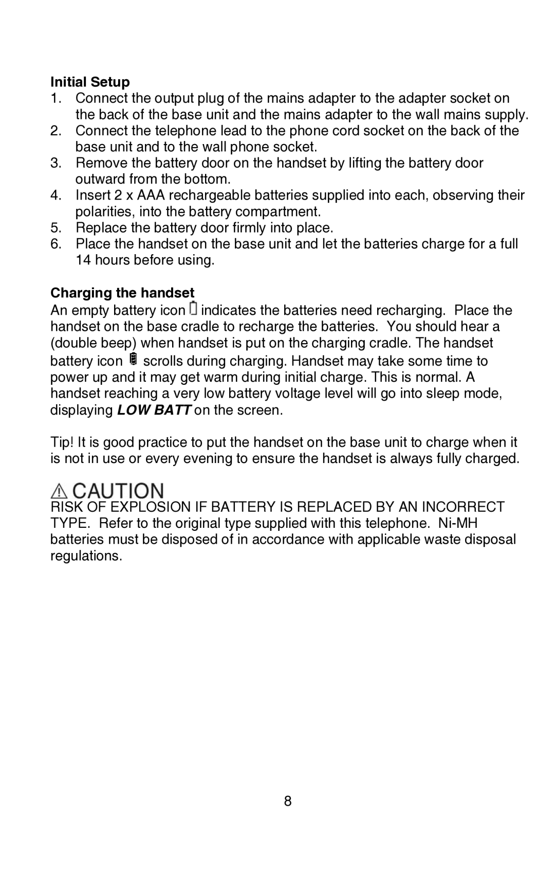 Oricom P80 manual Initial Setup, Charging the handset 