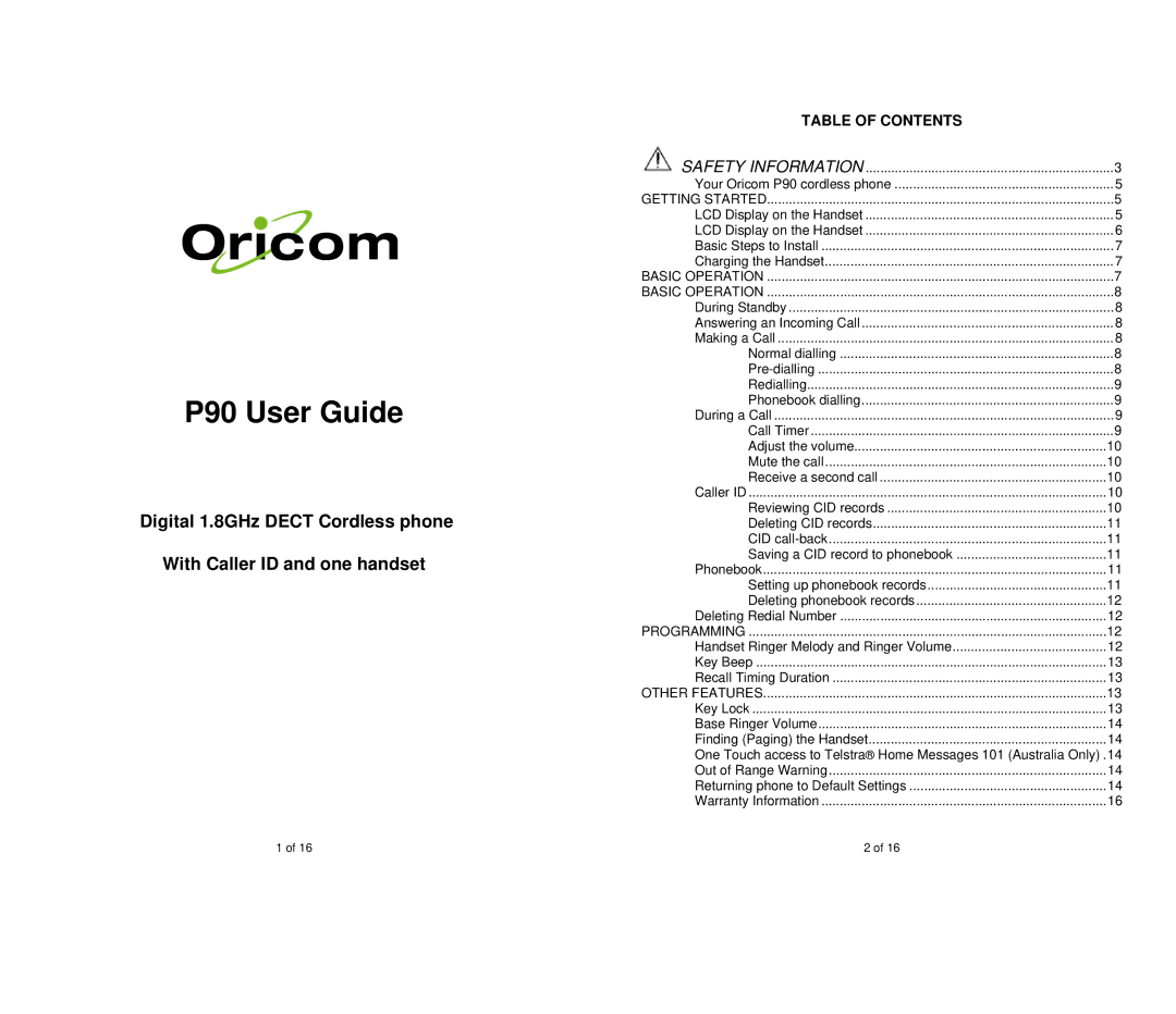 Oricom warranty P90 User Guide, Table of Contents 