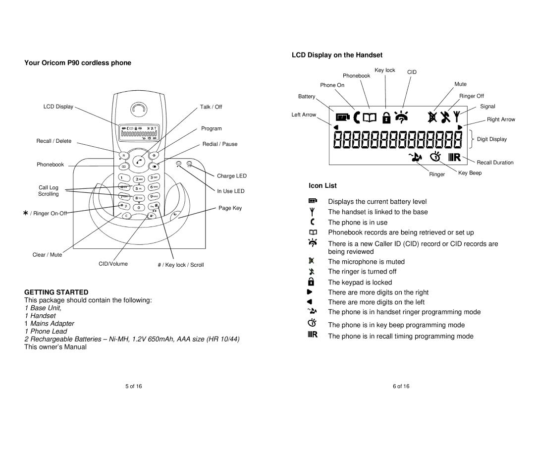 Oricom warranty Your Oricom P90 cordless phone, Getting Started, LCD Display on the Handset, Icon List, Cid 