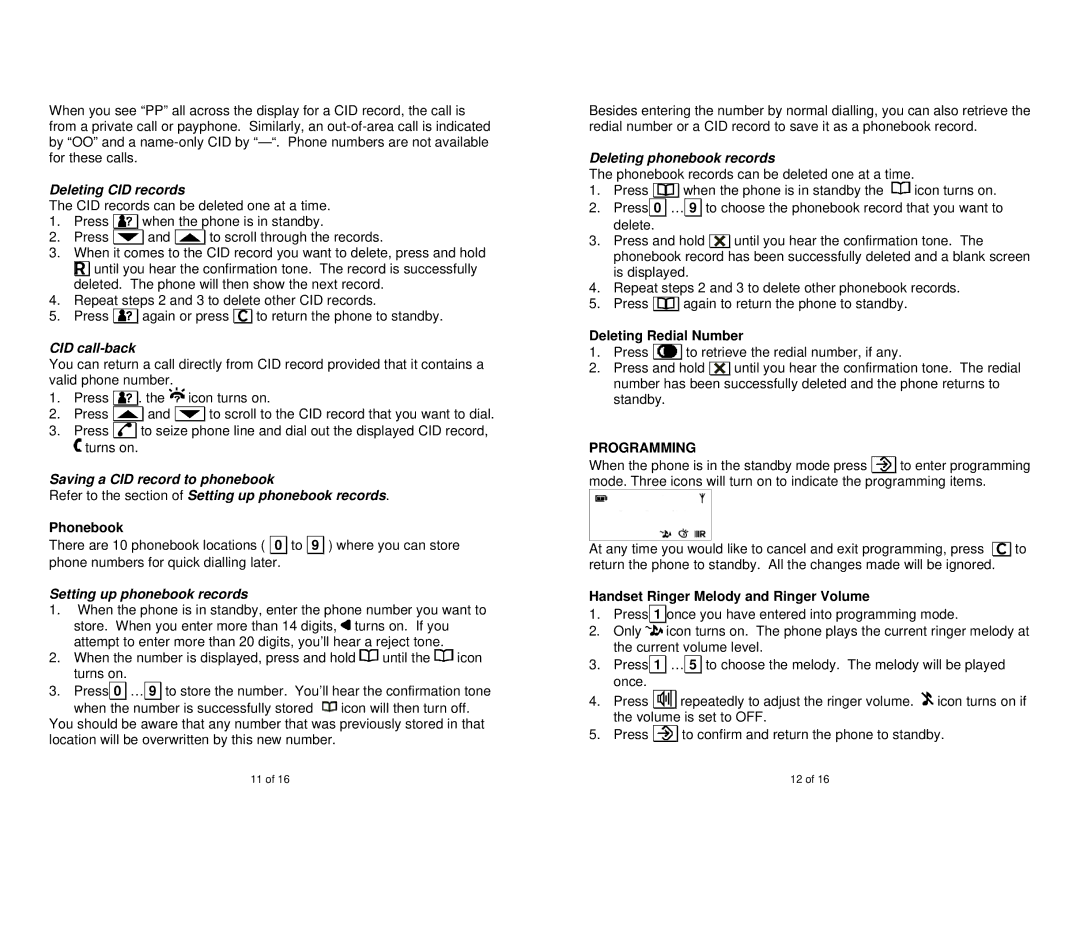 Oricom P90 Deleting CID records, CID call-back, Setting up phonebook records, Deleting phonebook records, Programming 