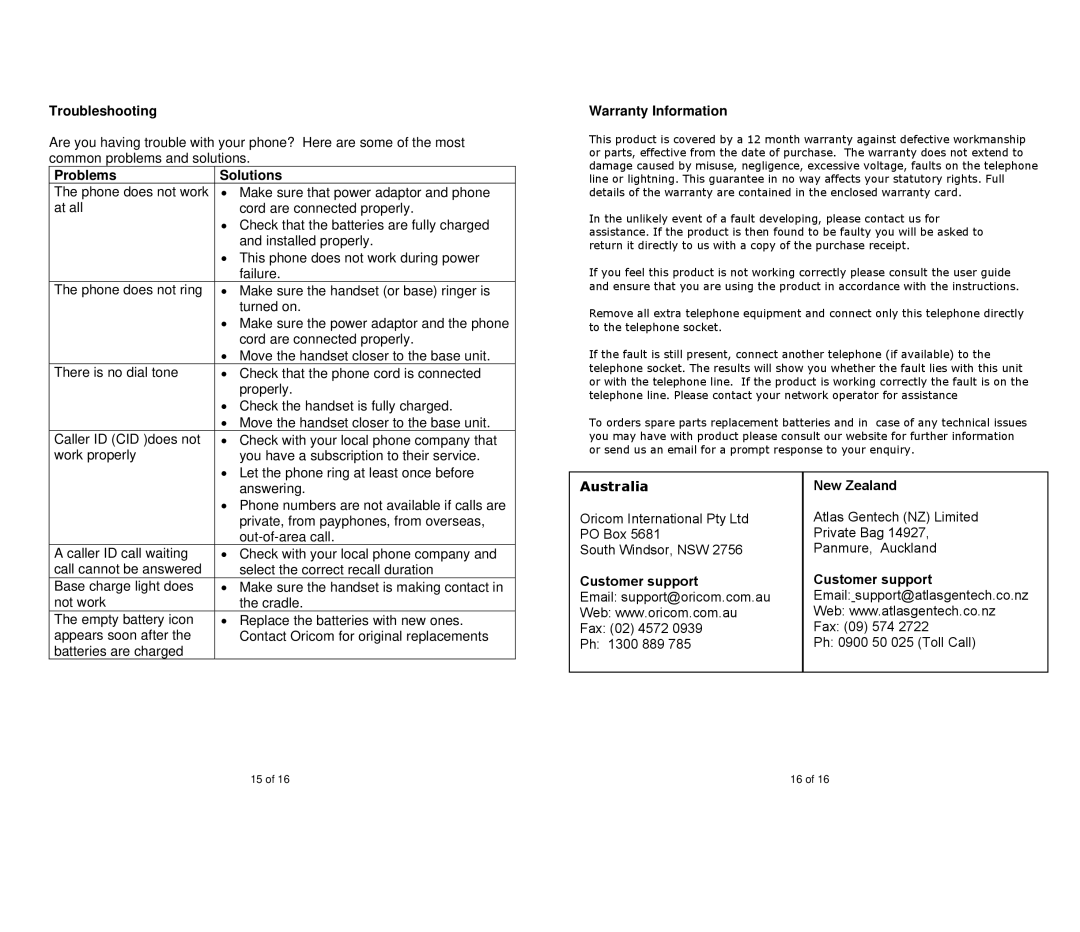Oricom P90 warranty Troubleshooting, Problems Solutions, Warranty Information, New Zealand, Customer support 