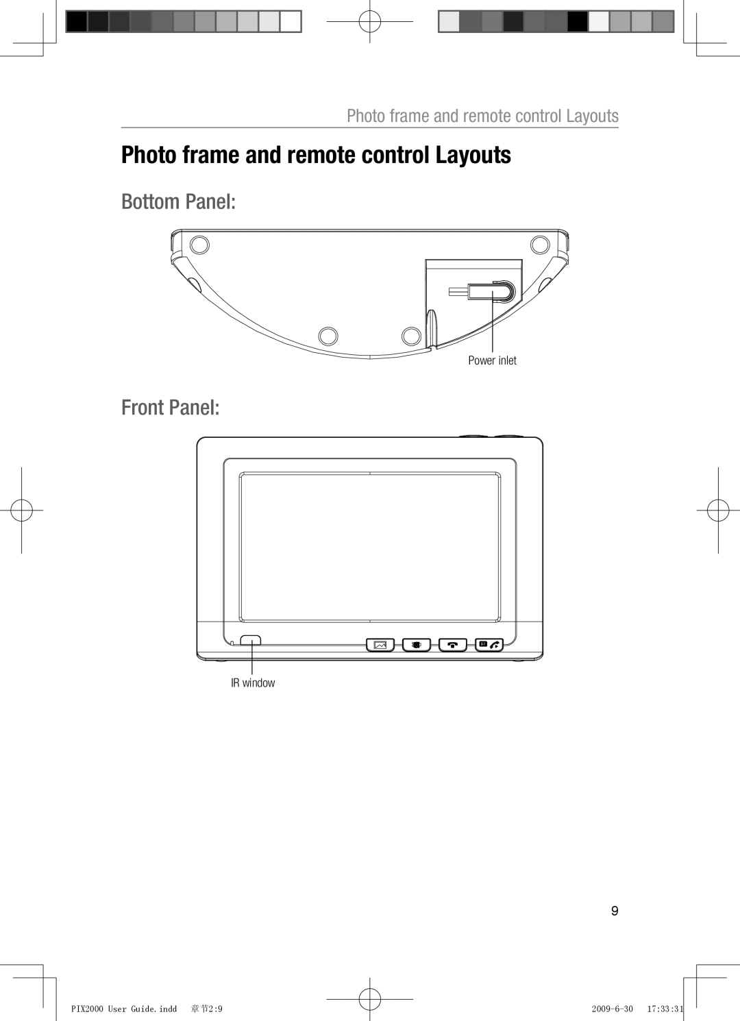 Oricom PIX2000 manual Photo frame and remote control Layouts, Bottom Panel, Front Panel 