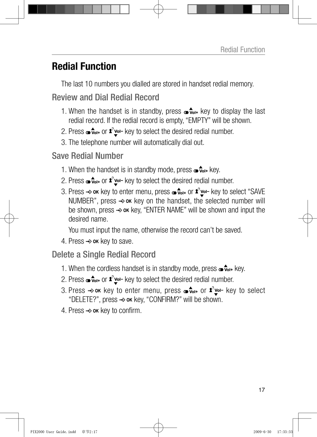 Oricom PIX2000 manual Redial Function, Review and Dial Redial Record, Save Redial Number, Delete a Single Redial Record 