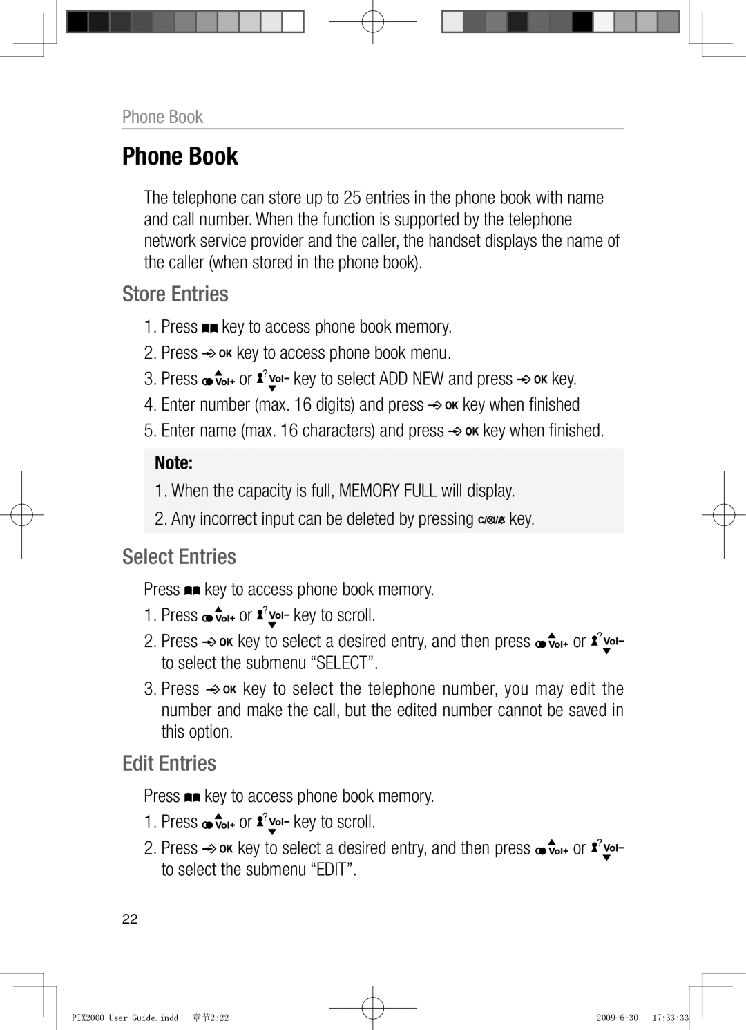 Oricom PIX2000 manual Phone Book, Store Entries, Select Entries, Edit Entries 