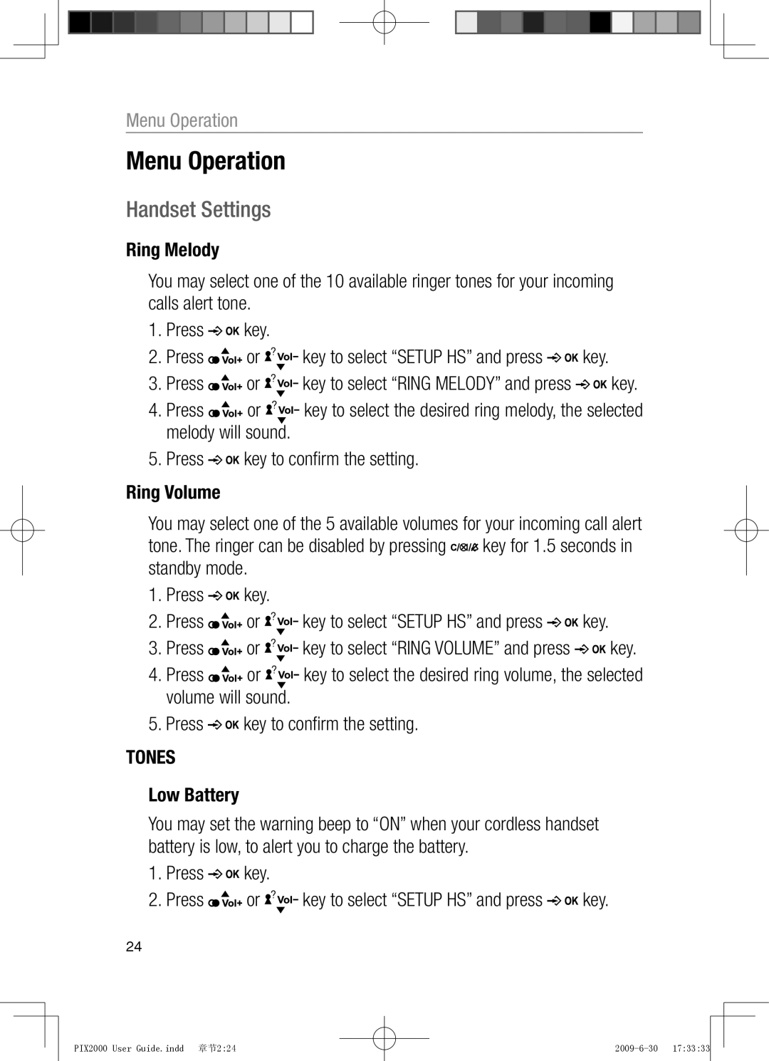 Oricom PIX2000 Menu Operation, Handset Settings, Low Battery, Press key Press or key to select Setup HS and press key 