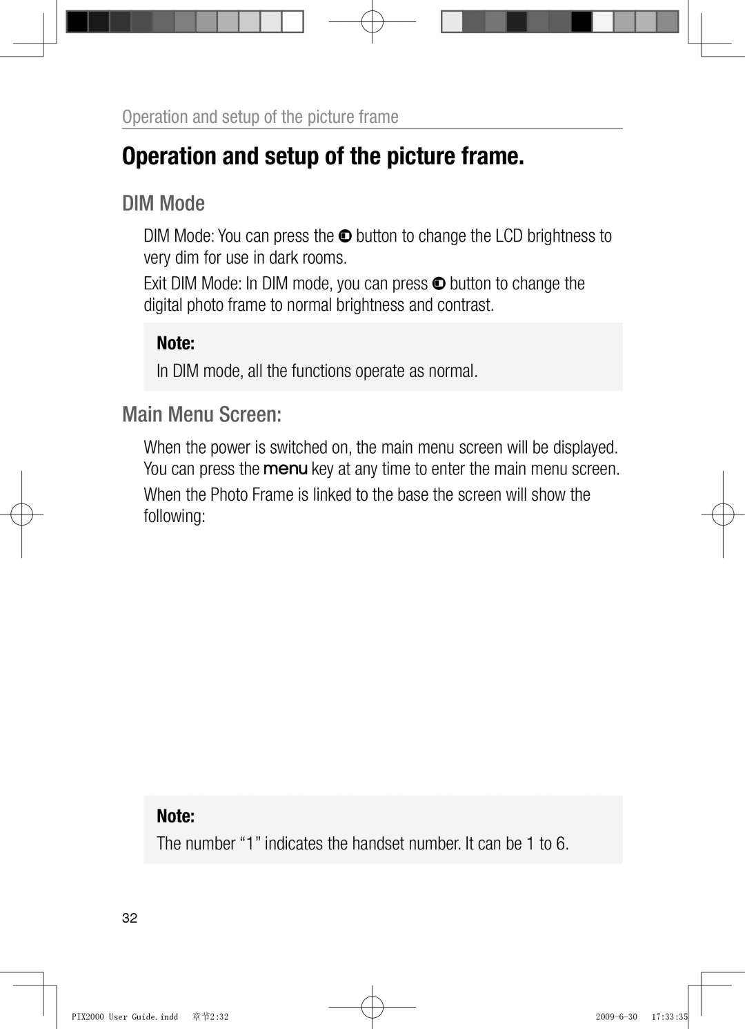 Oricom PIX2000 manual Operation and setup of the picture frame, DIM Mode, Main Menu Screen 