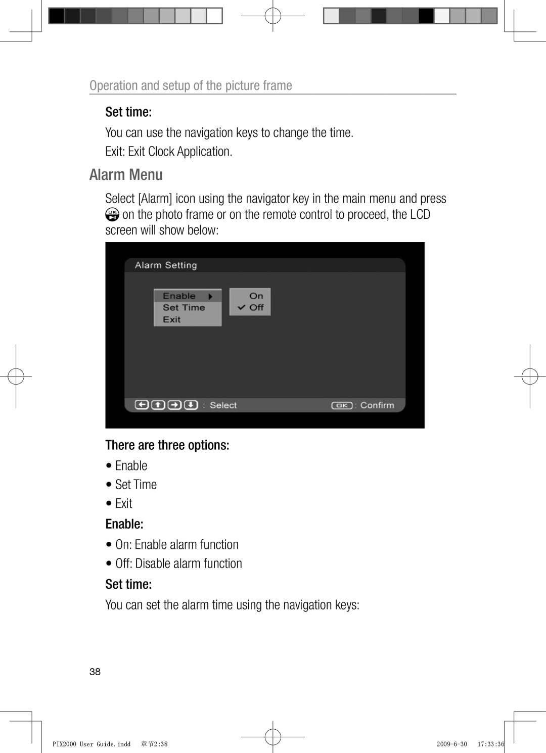 Oricom PIX2000 manual Alarm Menu 