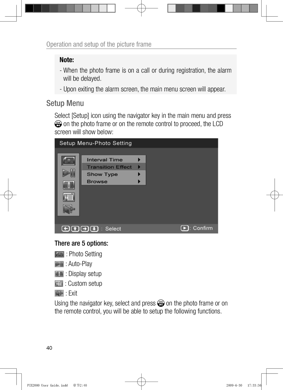 Oricom PIX2000 manual Setup Menu 