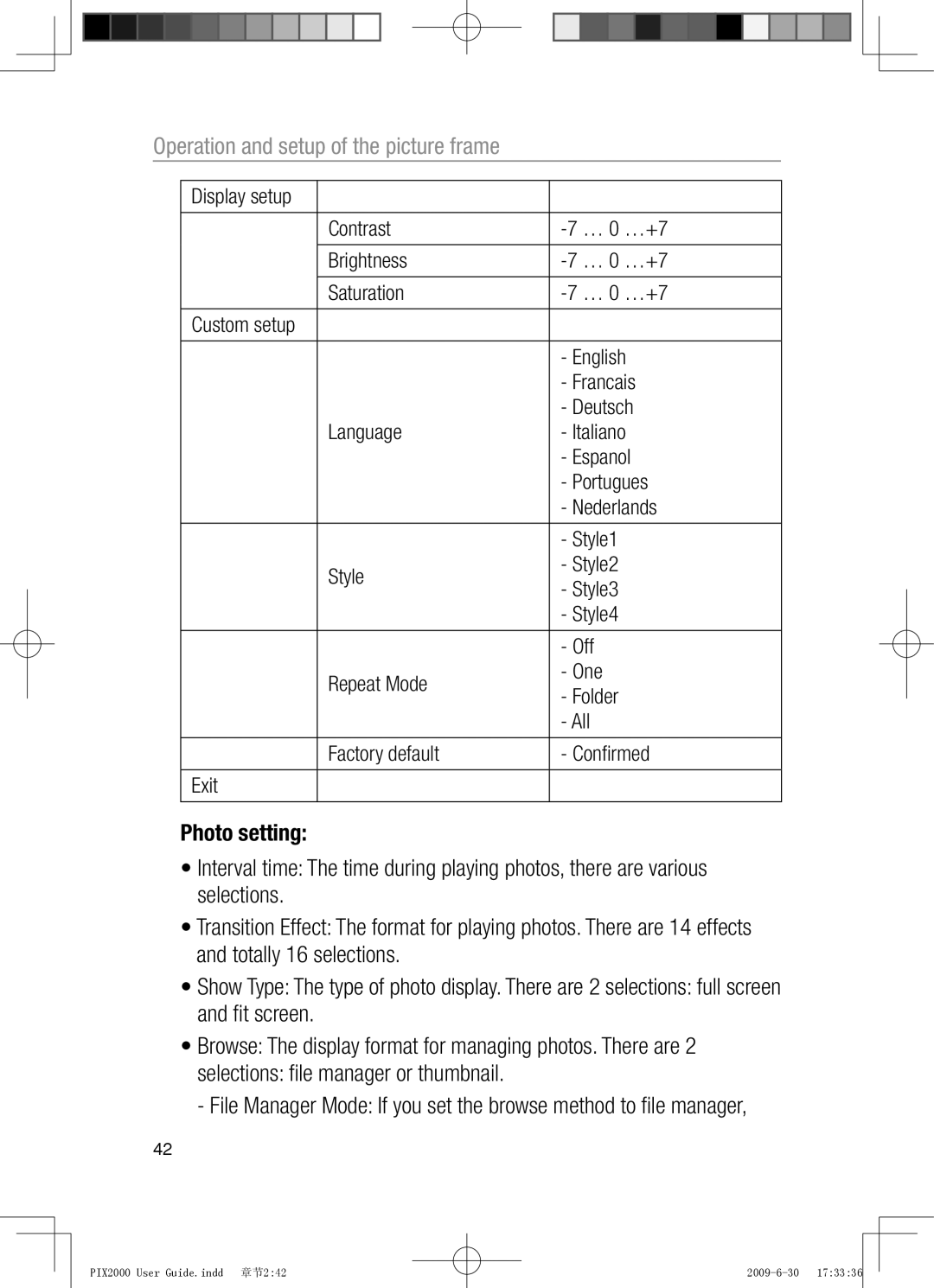 Oricom PIX2000 manual Contrast … 0 …+7 Brightness Saturation 