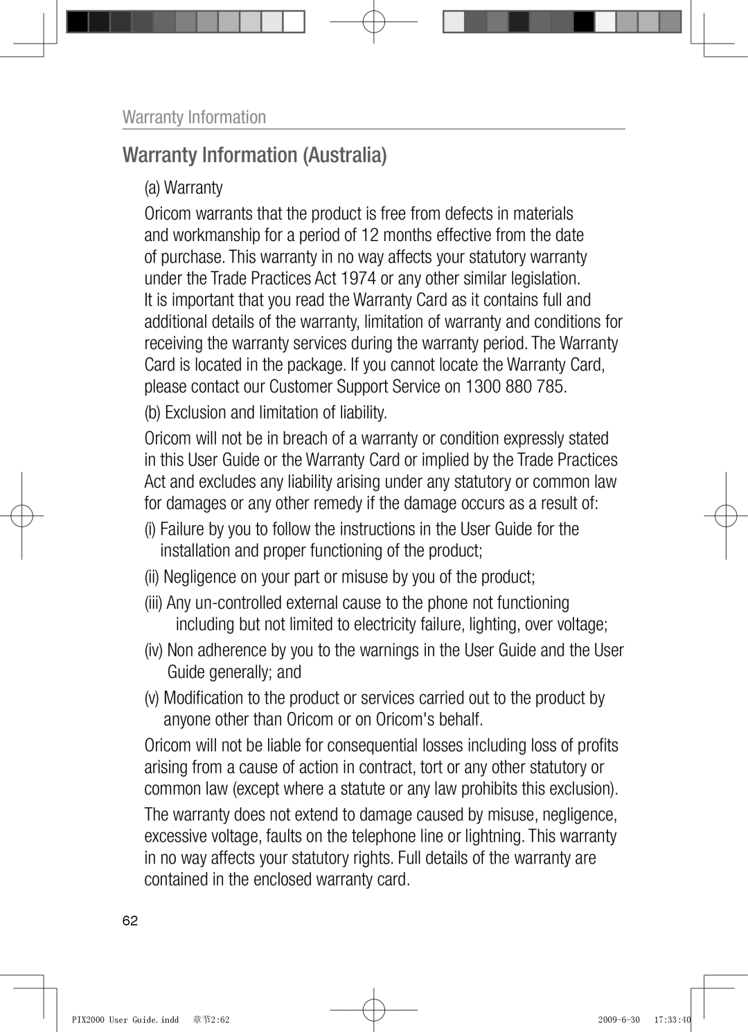 Oricom PIX2000 manual Warranty Information Australia, Exclusion and limitation of liability 