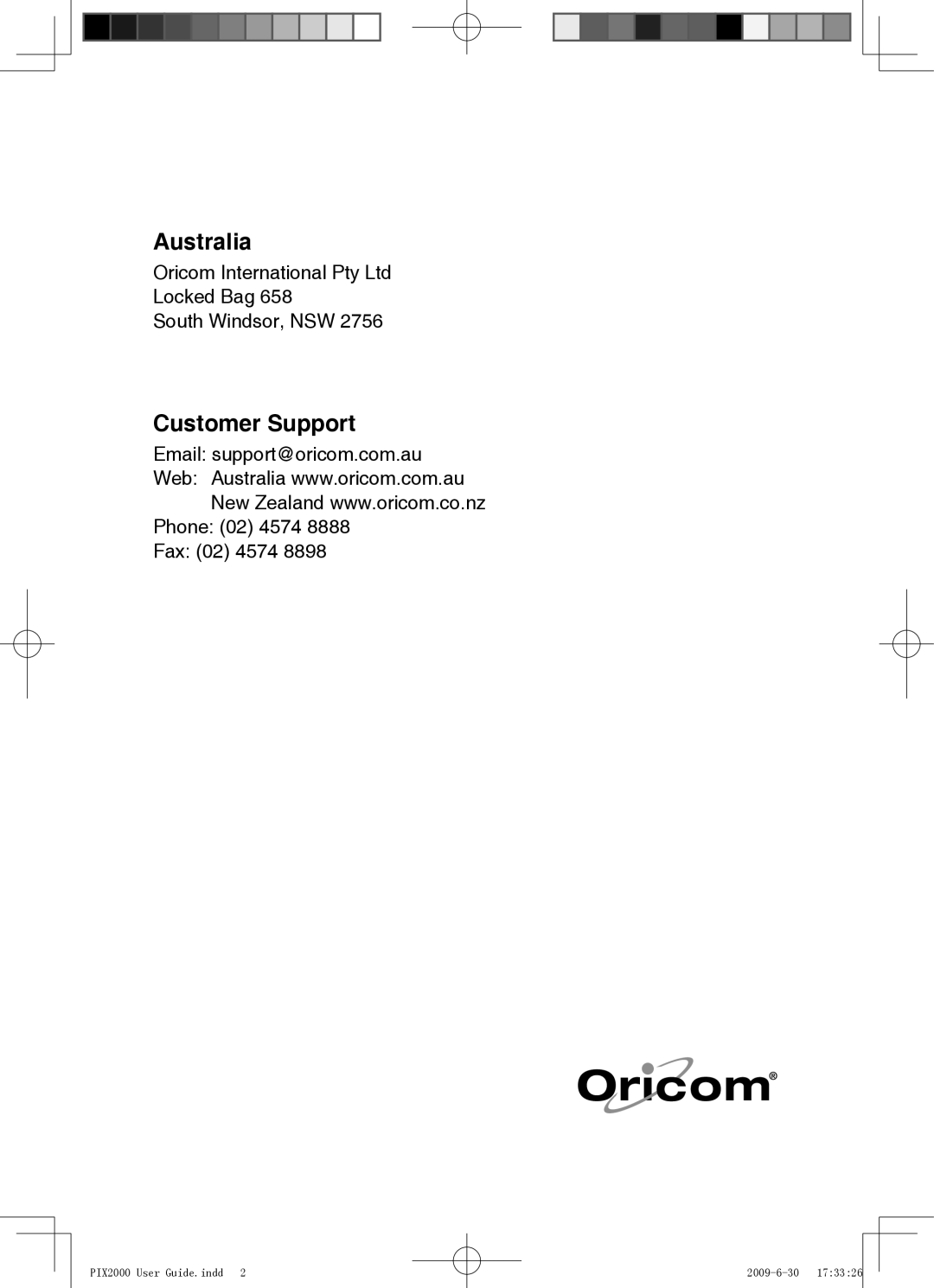 Oricom PIX2000 manual Australia 