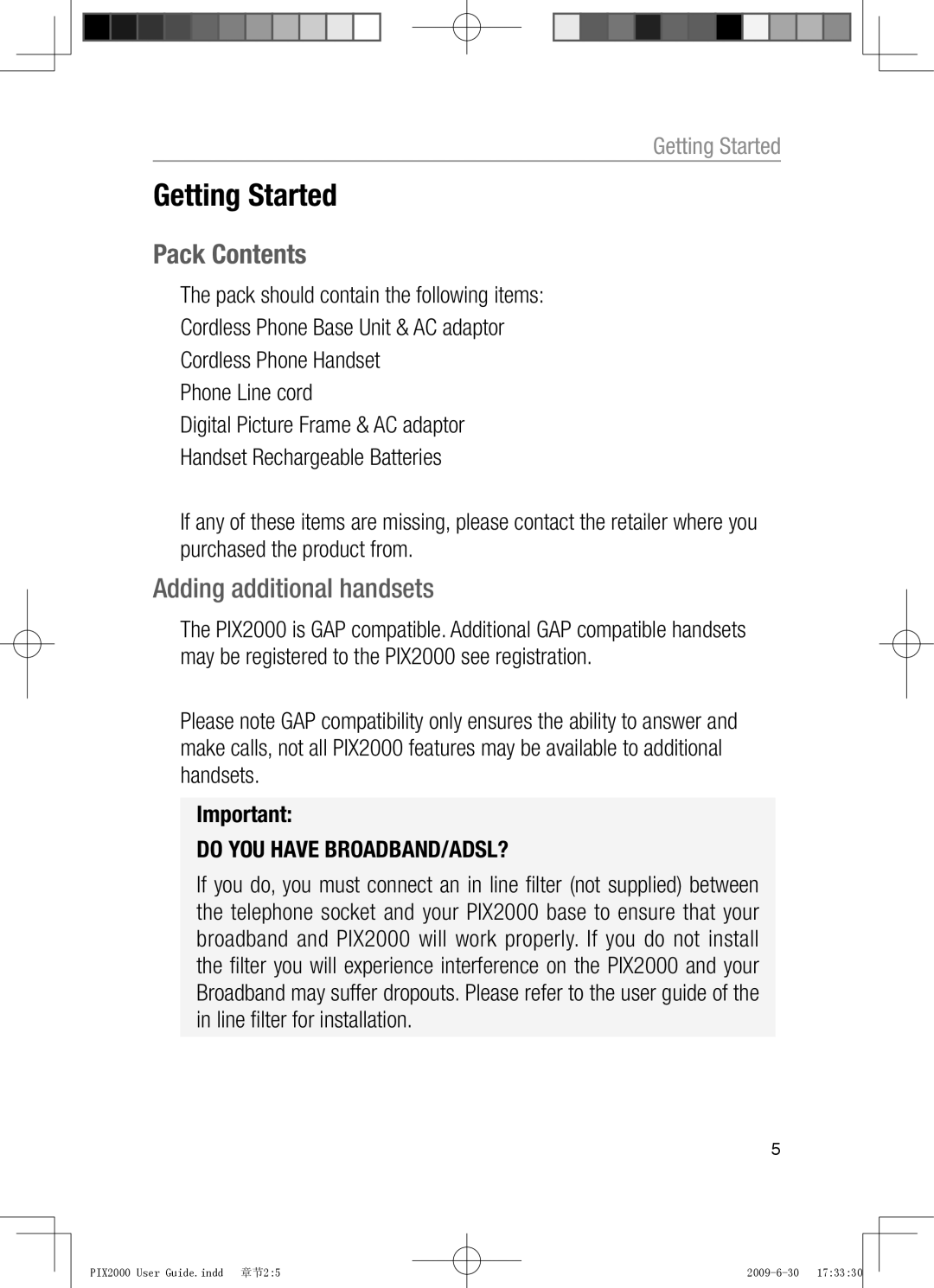 Oricom PIX2000 manual Getting Started, Pack Contents, Adding additional handsets 