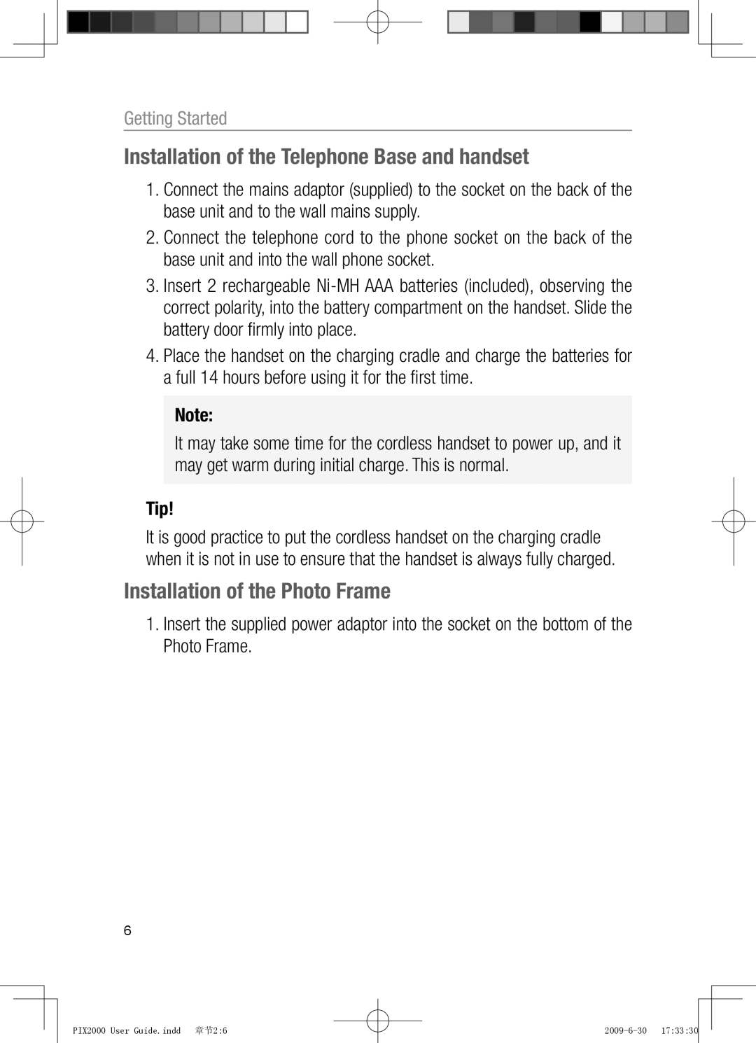 Oricom PIX2000 manual Installation of the Telephone Base and handset, Installation of the Photo Frame, Tip 