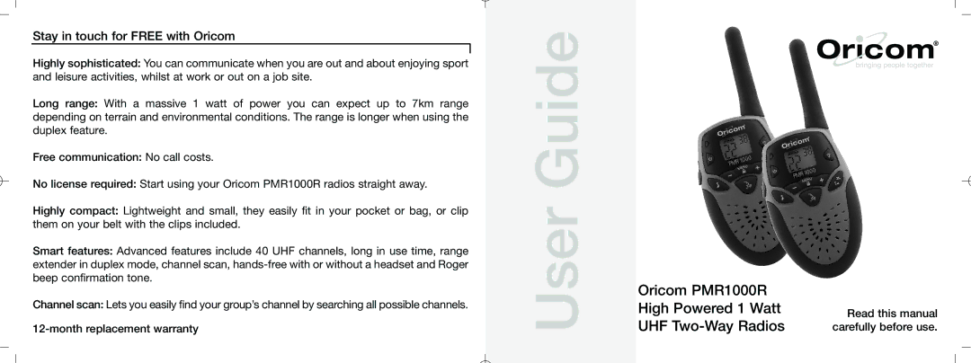 Oricom PMR1000R warranty User Guide, Stay inin touch for Free withi Oricomi 